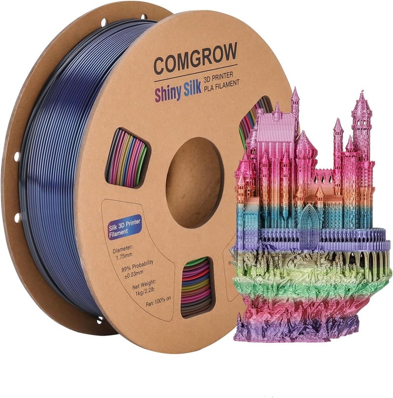 Comgrow Rainbow Colors Silk PLA 3D Printer Filament, PLA Filament 1.75mm, Dimensional Accuracy +/- 0.02 mm, 1KG Spool, Coextrusion 3D Filament with Shiny Silk Rainbow Red - Image 1
